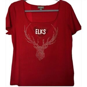 Style & Co. Red Short Sleeve Top with Embellished Elks Design. THIS RUNS LARGE.